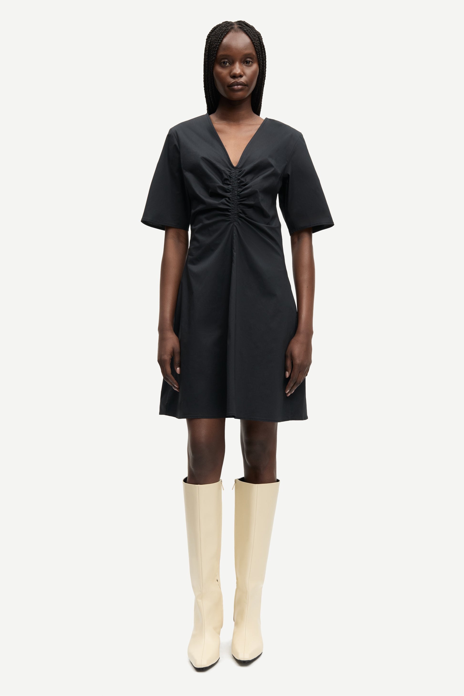 v neck short sleeve black short dress with rouch detailing from samsoe model shot