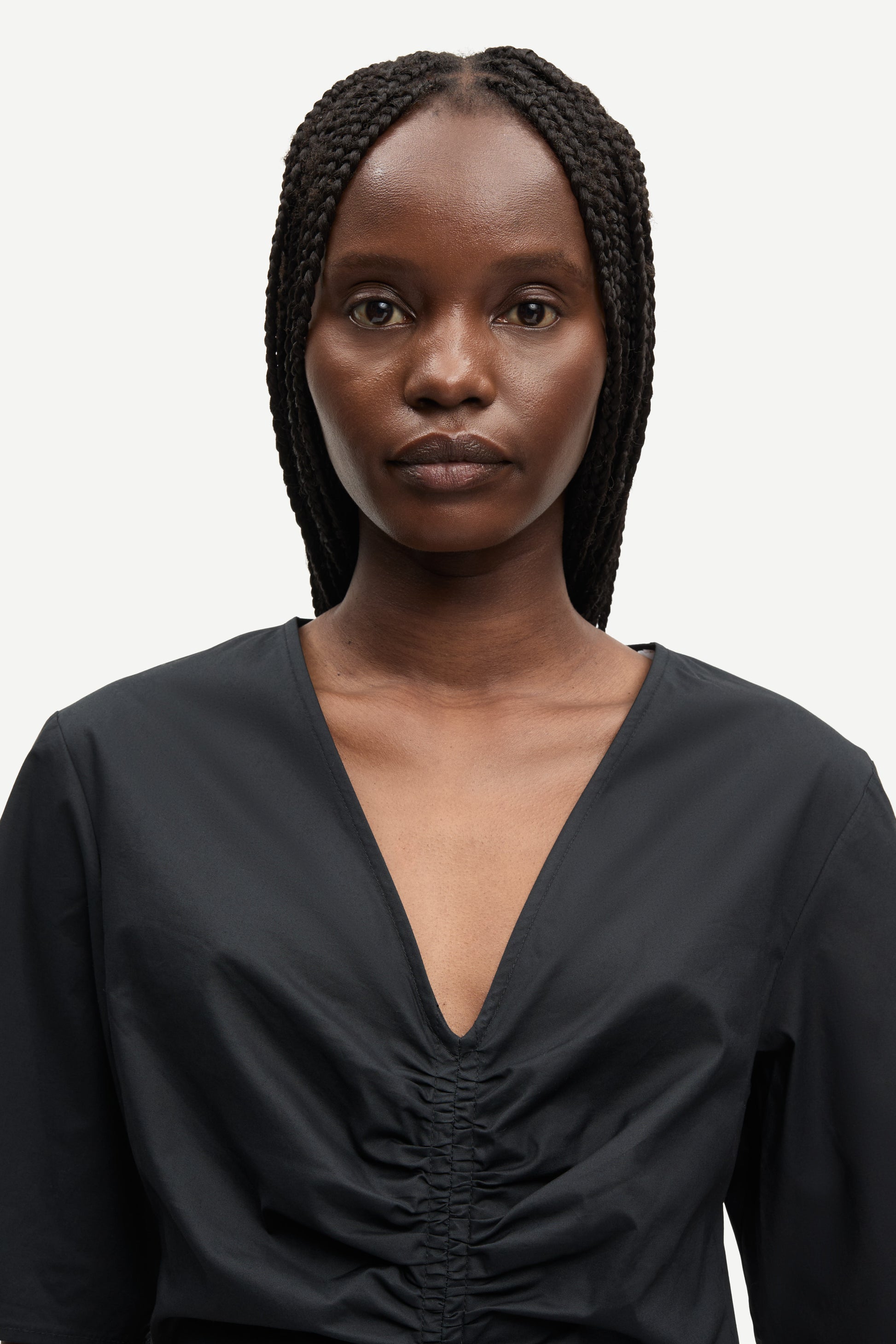 v neck short sleeve black short dress with rouch detailing from samsoe close up