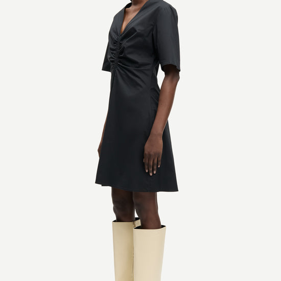 v neck short sleeve black short dress with rouch detailing from samsoe side