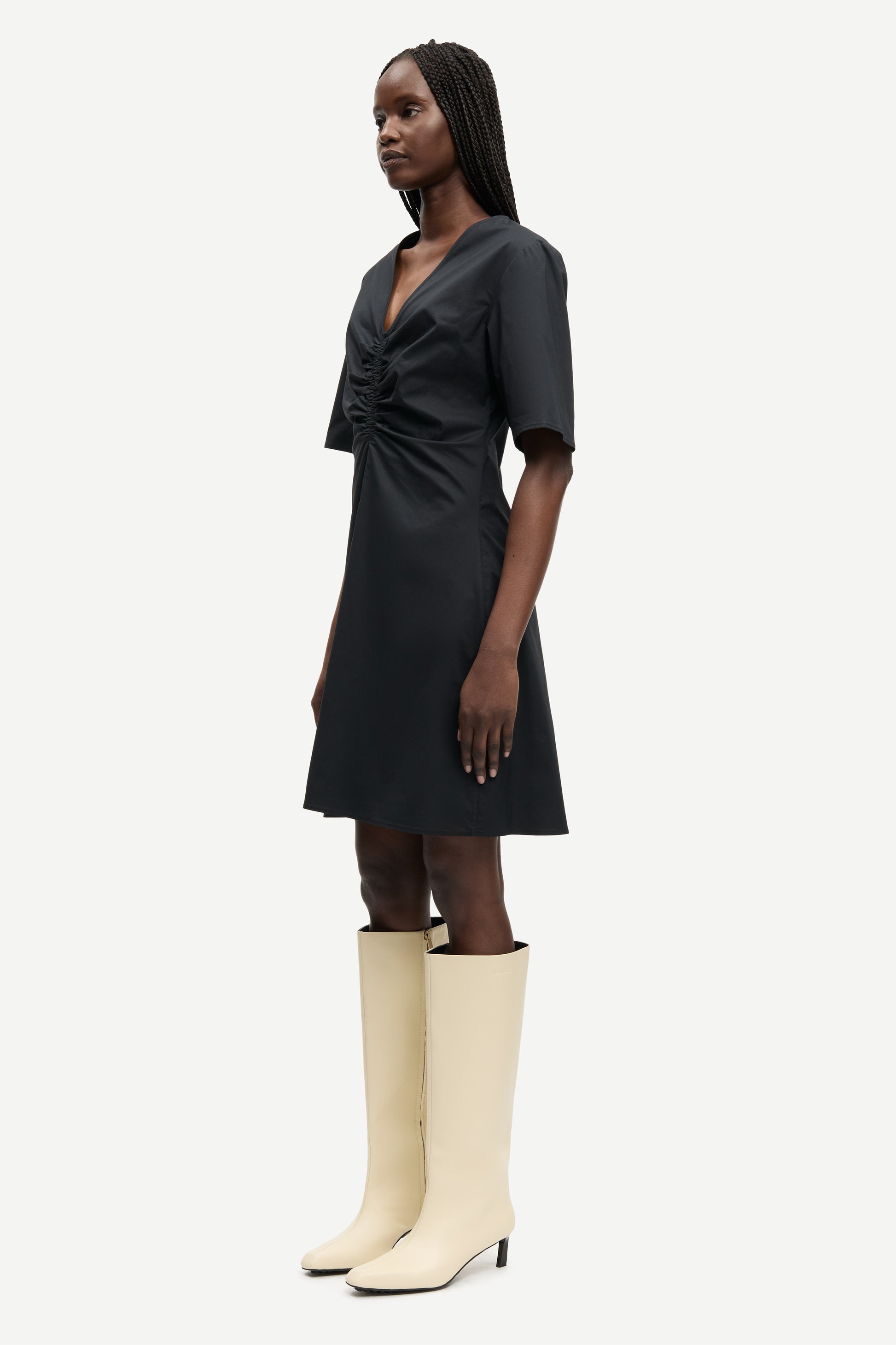 v neck short sleeve black short dress with rouch detailing from samsoe side