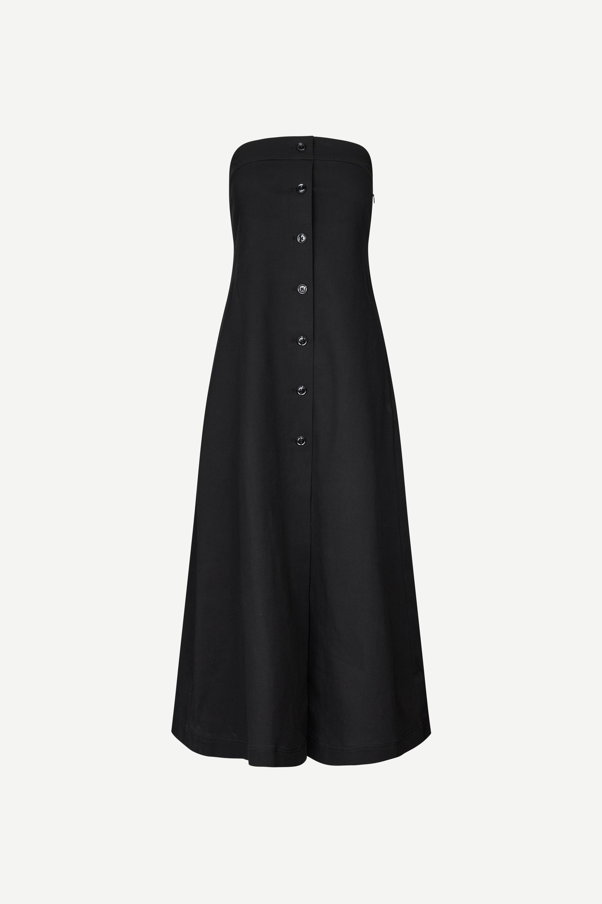 strapless mid length black dress with button down and a line shape from samsoe