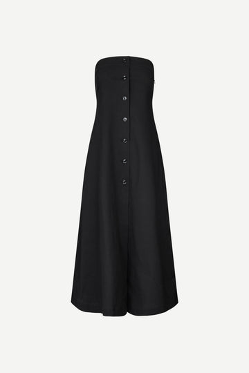 strapless mid length black dress with button down and a line shape from samsoe
