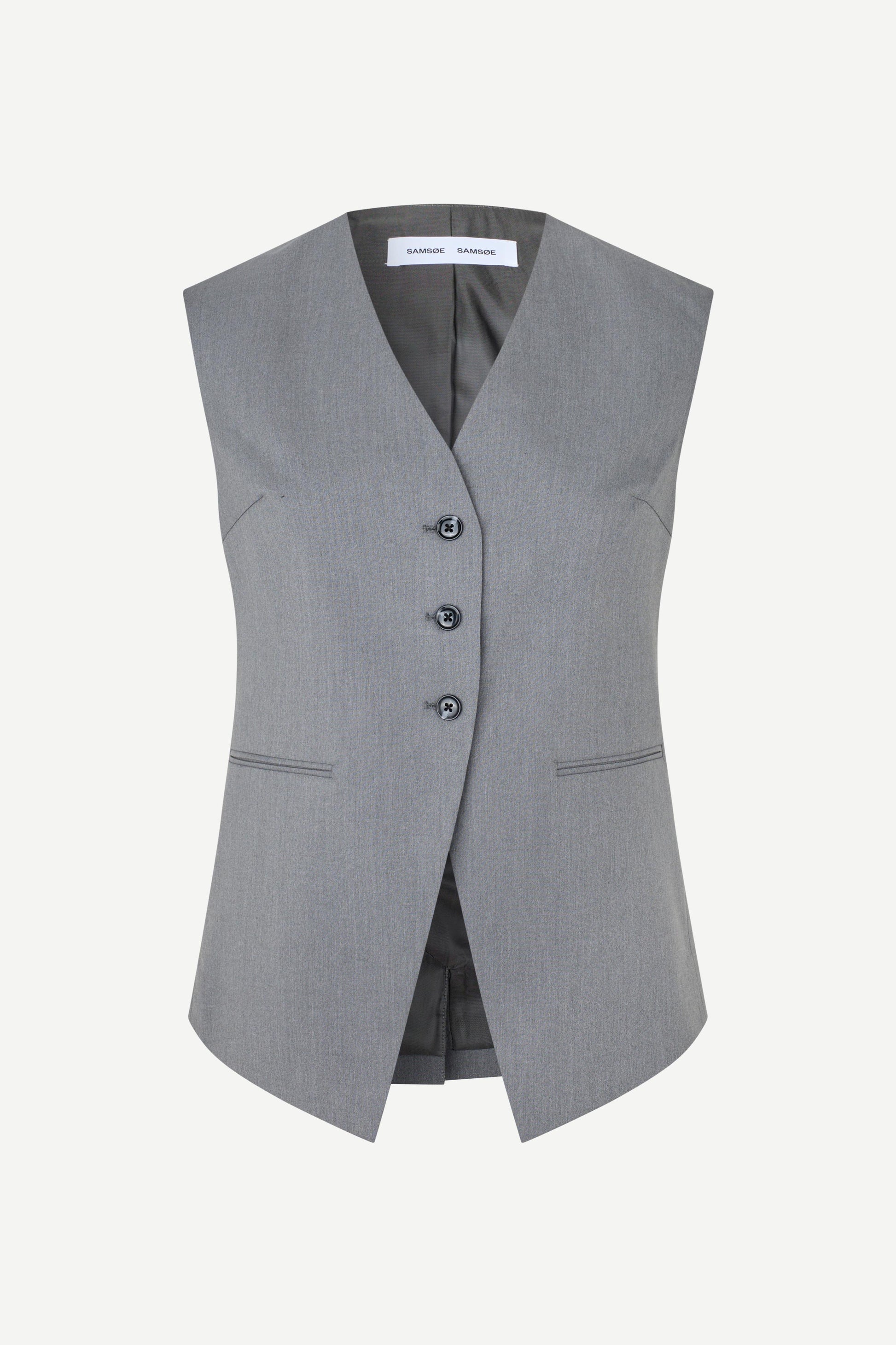v neck 3 button grey mel waistcoat with triangular cut hem from samsoe