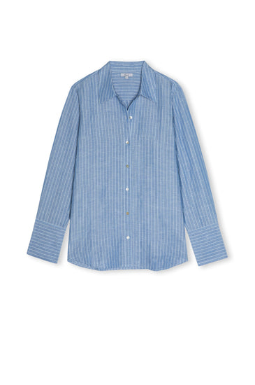 blue pinstripe linen shirt with shiny buttons from rails