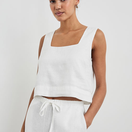 square neck white linen sleeveless top from rails model shot