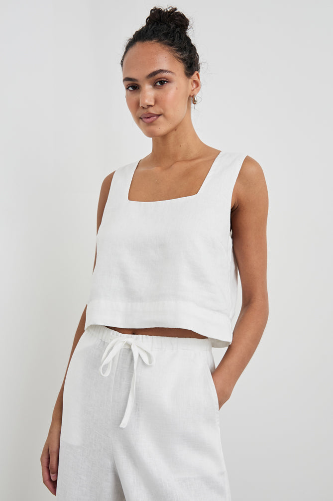 square neck white linen sleeveless top from rails model shot