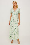 v neck short sleeve mint coloured dress with tie at bust and a flora; print from rails model