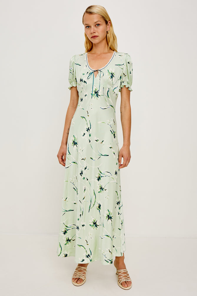 v neck short sleeve mint coloured dress with tie at bust and a flora; print from rails model