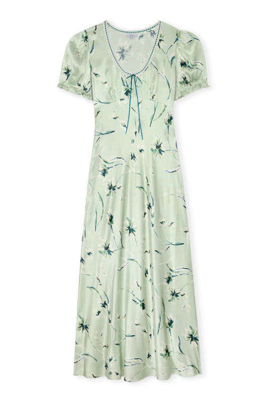 v neck short sleeve mint coloured dress with tie at bust and a flora; print from rails