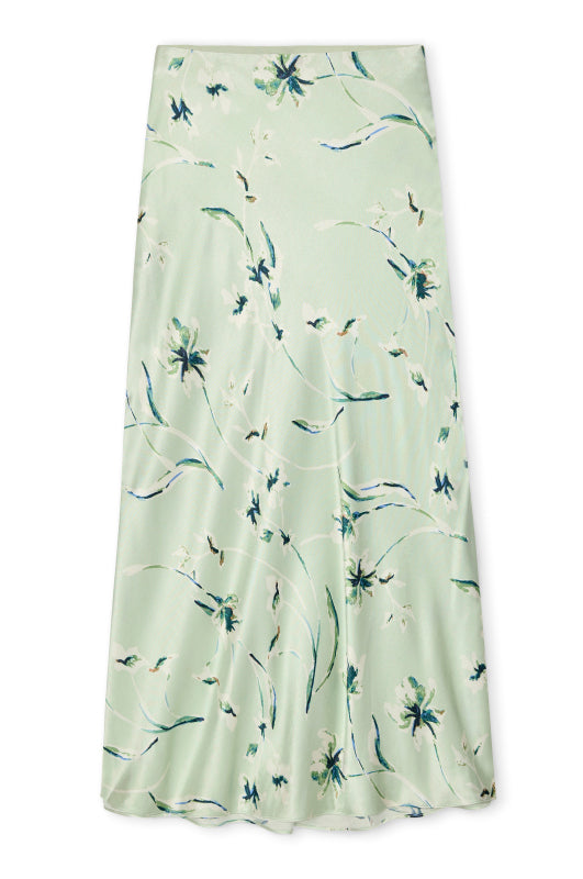 mint mid length silky slip skirt with elasticated waist and floral print form rails 