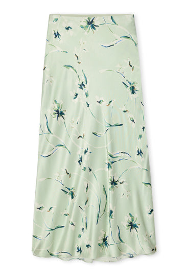 mint mid length silky slip skirt with elasticated waist and floral print form rails 