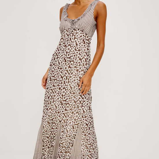 scoop neck gingham and daisy print brown sleeveless dress from rails model shot