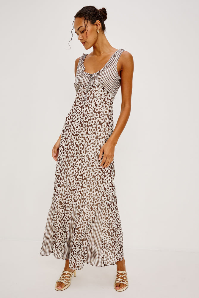 scoop neck gingham and daisy print brown sleeveless dress from rails model shot