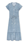 v neck short flutter sleeve denim dress with tiered skirt and tie belt