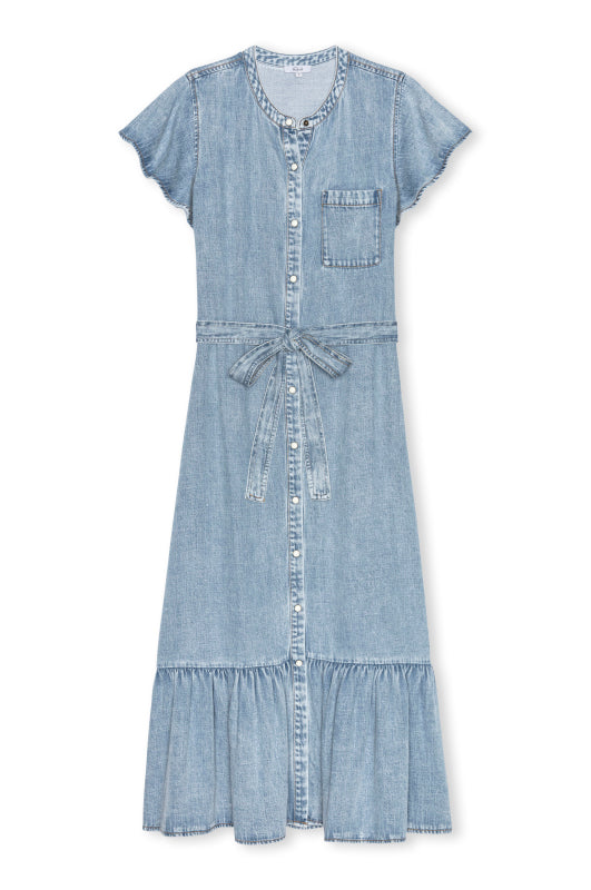 v neck short flutter sleeve denim dress with tiered skirt and tie belt