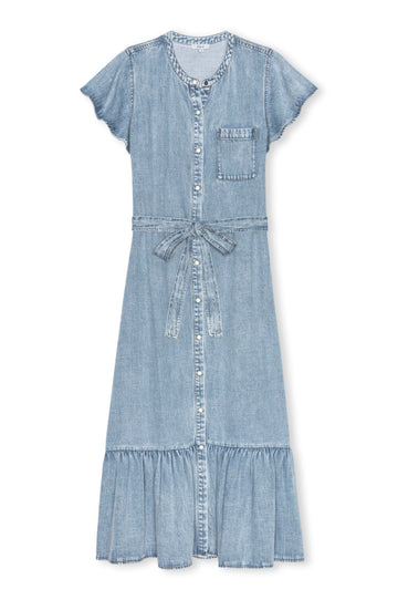 v neck short flutter sleeve denim dress with tiered skirt and tie belt