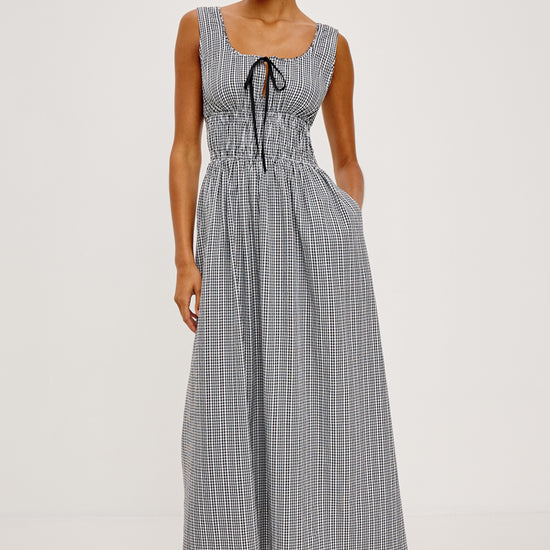 round neck sleeveless tie front gingham dress from rails model shot