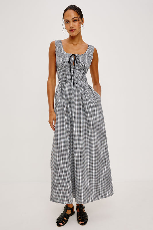 round neck sleeveless tie front gingham dress from rails model shot