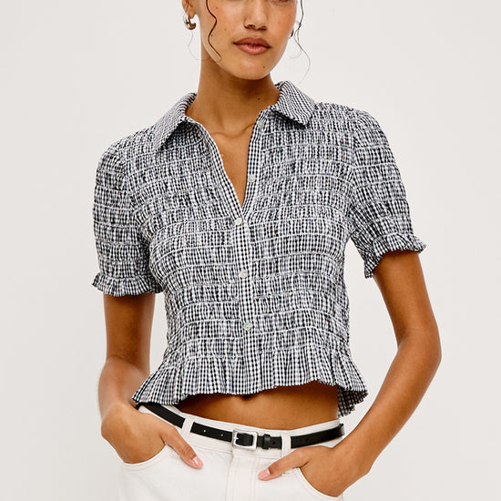 short sleeve shirred shirt black gingham from rails model shot