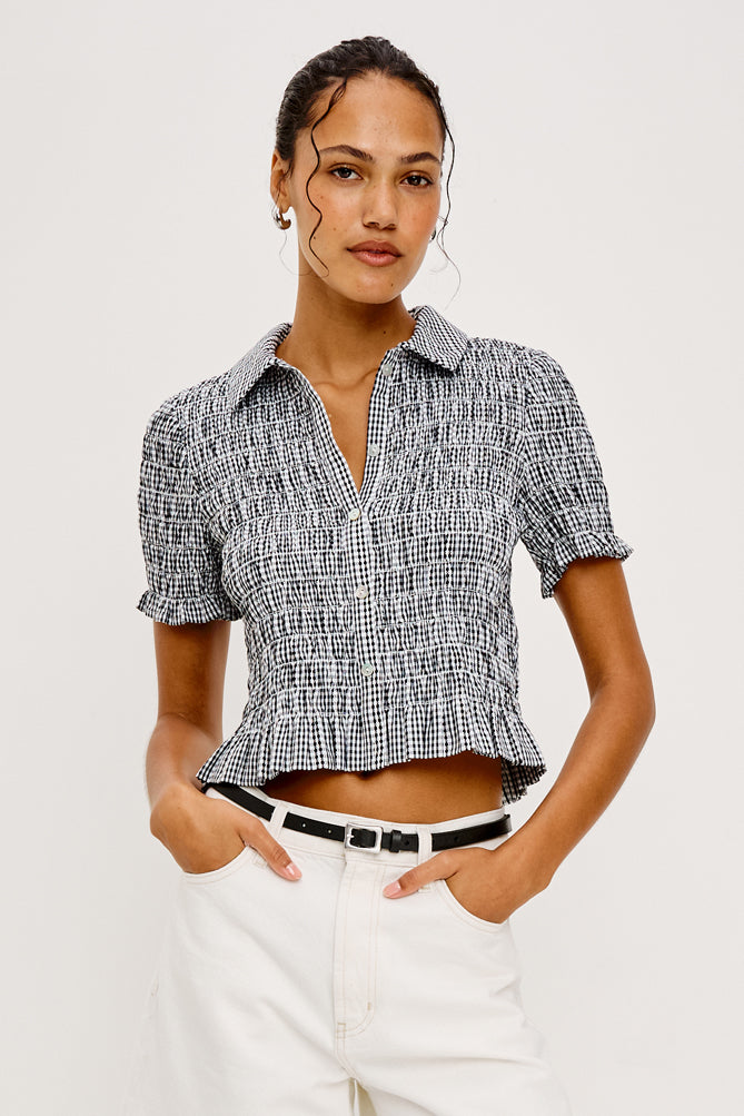 short sleeve shirred shirt black gingham from rails model shot