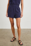 cheesecloth fabric dark blue shorts with elasticated waist and pockets model shot