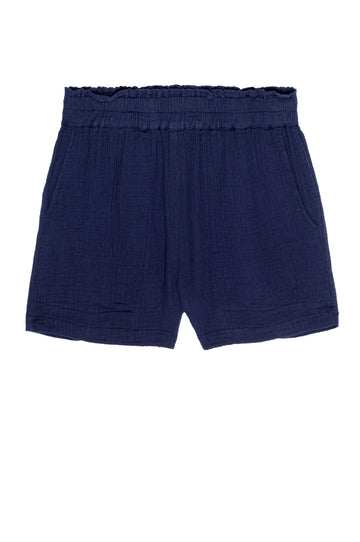cheesecloth fabric dark blue shorts with elasticated waist and pockets