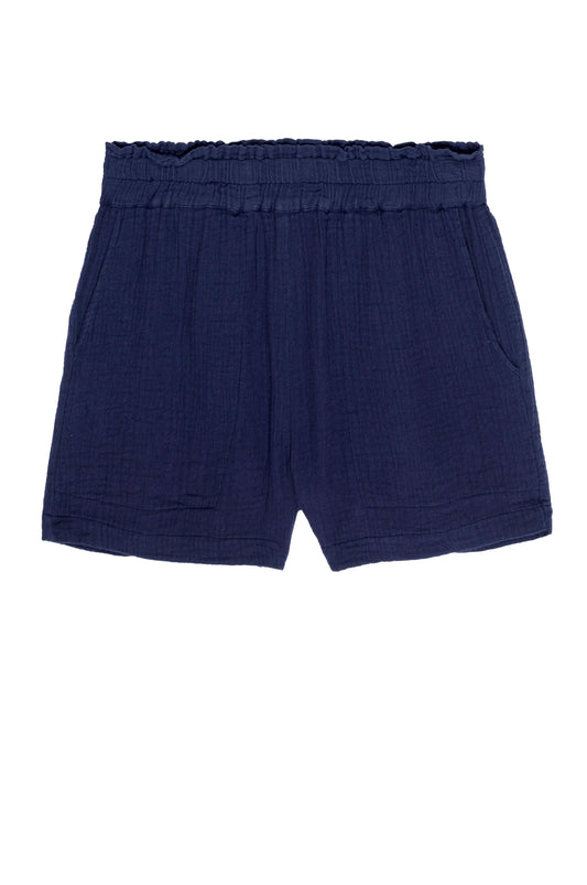 cheesecloth fabric dark blue shorts with elasticated waist and pockets