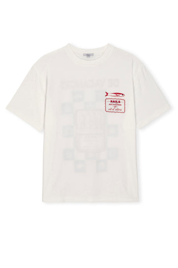white round neck short sleeve tee with sardine print on the rear form rails 