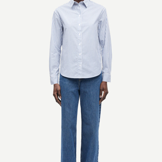blue and white stripe shirt from samsoe model