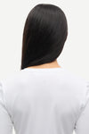 Person with long black hair from behind on a light gray background wearing white samsoe samsoe round neck long sleeve tee