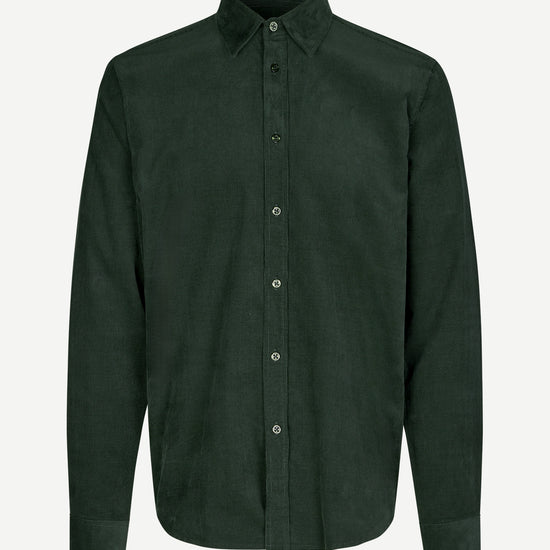 Green button-up cord shirt on a white background from Samsoe Samsoe