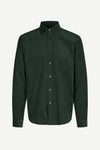 Green button-up cord shirt on a white background from Samsoe Samsoe
