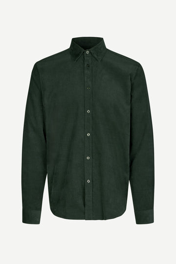 Green button-up cord shirt on a white background from Samsoe Samsoe