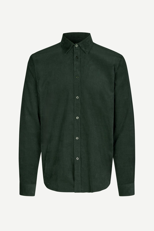 Green button-up cord shirt on a white background from Samsoe Samsoe