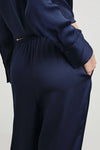 wide leg viscose trousers navy with drawstring waist rear