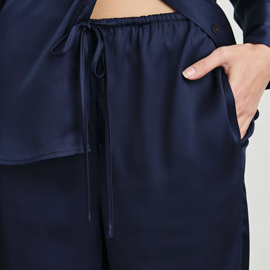 wide leg viscose trousers navy with drawstring waist close up