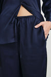 wide leg viscose trousers navy with drawstring waist close up
