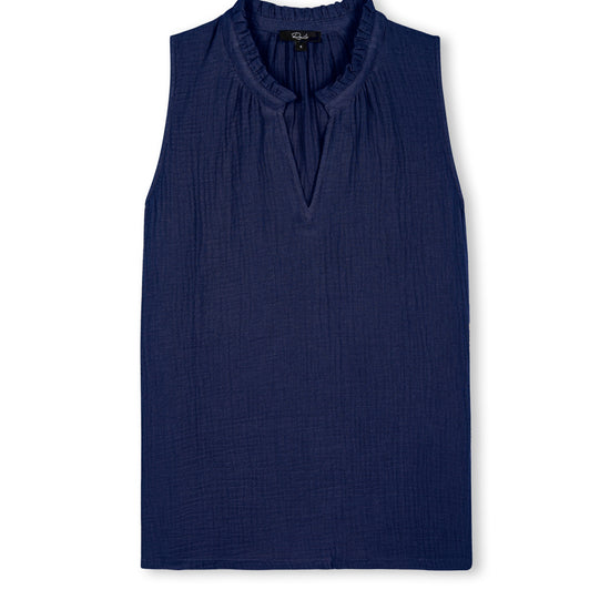 Blue cheesecloth sleeveless top with v neck and ruffle collar