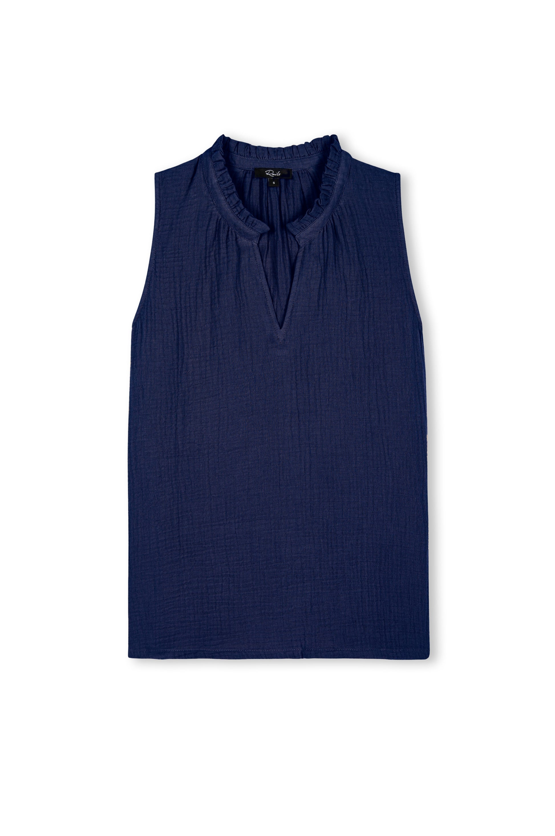Blue cheesecloth sleeveless top with v neck and ruffle collar