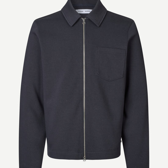 Navy blue jacket with a zipper on a white background