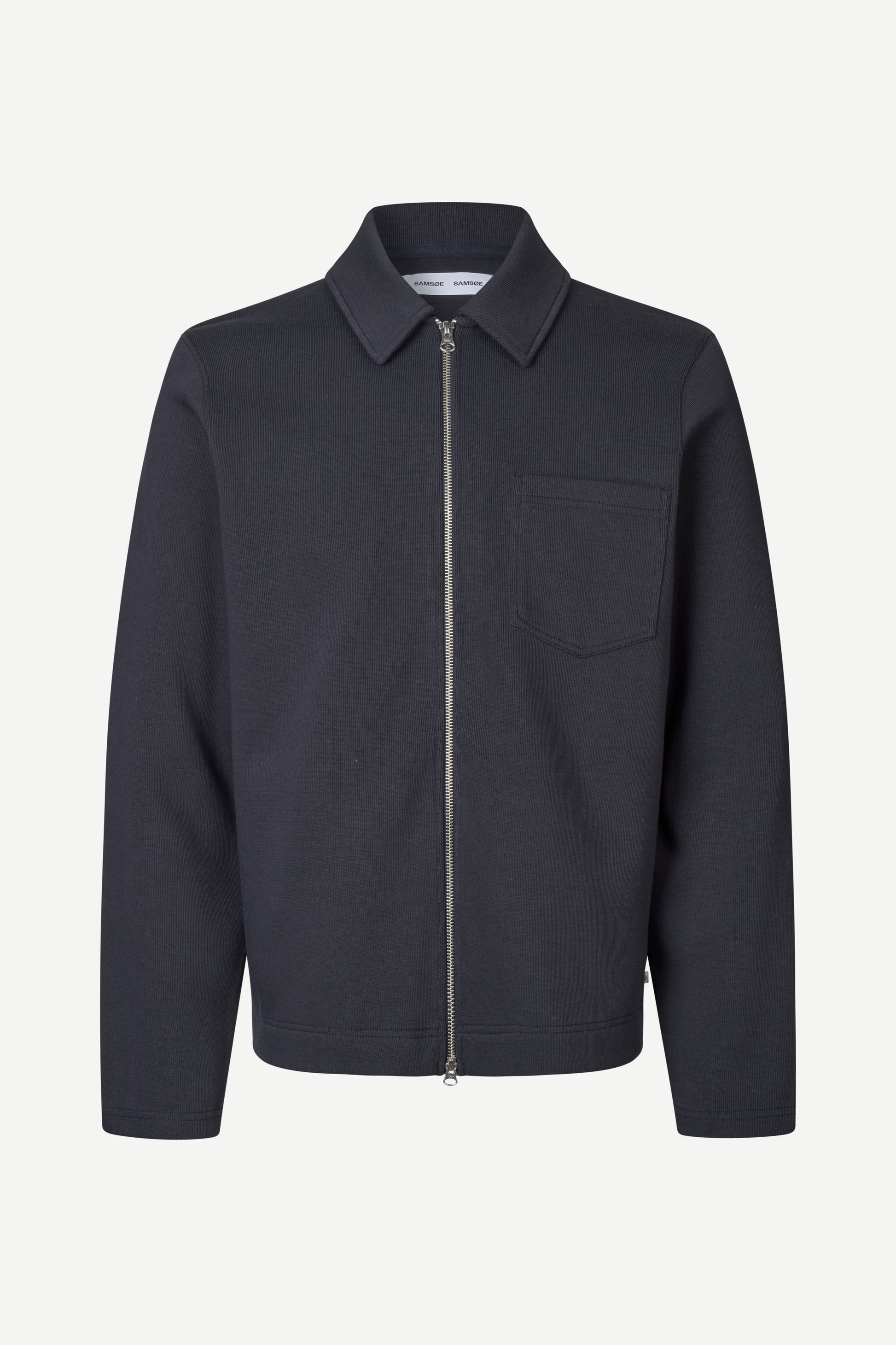 Navy blue jacket with a zipper on a white background