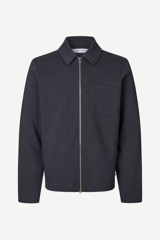 Navy blue jacket with a zipper on a white background