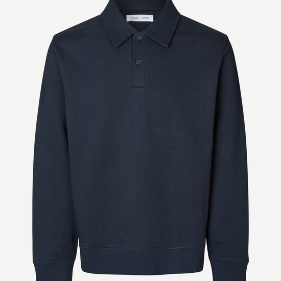 Navy blue sweater with a collar on a white background