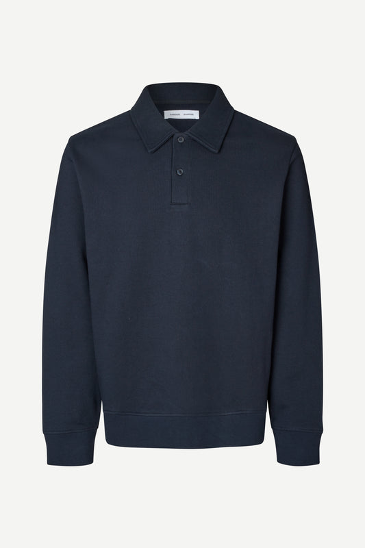 Navy blue sweater with a collar on a white background
