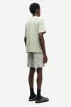 Man wearing a light green t-shirt and patterned shorts on a white background