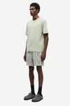 Man wearing a light green t-shirt and patterned shorts on a white background