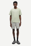 Man wearing a light green t-shirt and patterned shorts on a white background