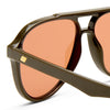 Dark Olive Le Specs sunglasses on a white background close up