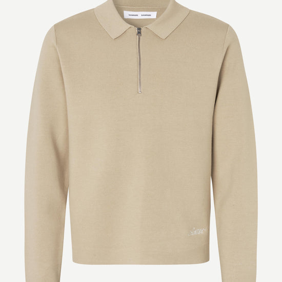 beige quater zip long sleeve polo knit on white background