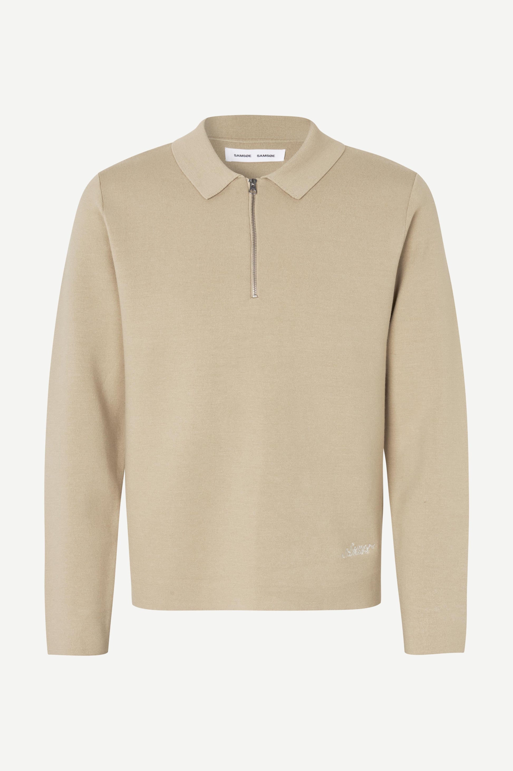 beige quater zip long sleeve polo knit on white background